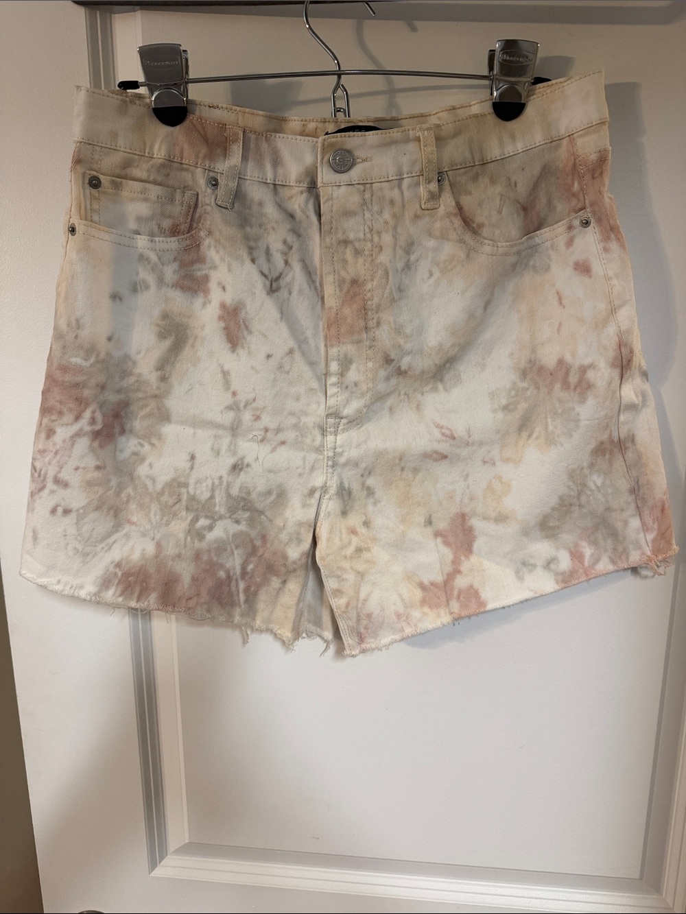 one 5 one White Tie-Dye Denim Shorts with Blush & Taupe Accents